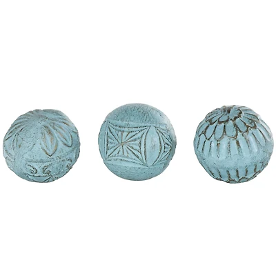 4" Blue Paper Mache Carved Decorative Ball Orbs Set