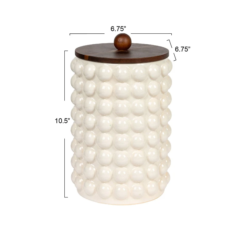 Hello Honey® White Raised Dots Stoneware Canister with Acacia Wood Lid
