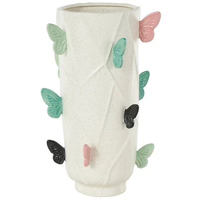 15.75" White Ceramic Butterfly Wide Decorative Vase with Multicolor Accents