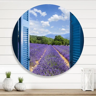 Designart - Lavender Field Through Blue Open Cottage Window