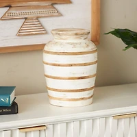 11" Brown Horizontal Ridge Mango Wood Distressed Vase