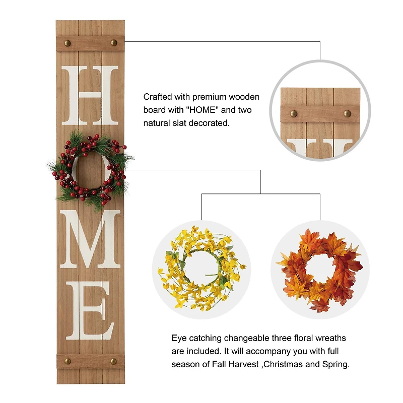 Glitzhome 42"H Wooden Brown "HOME" Porch Sign with 3 Changable Wreaths