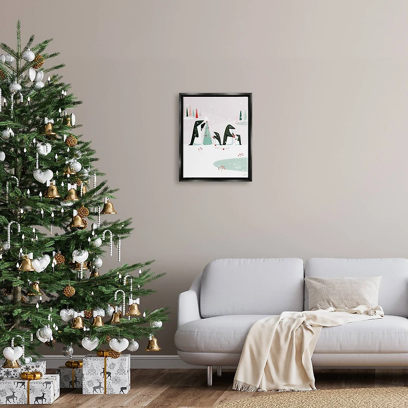 Stupell Industries Penguins Decorating Christmas Tree Framed Floater Canvas Wall Art