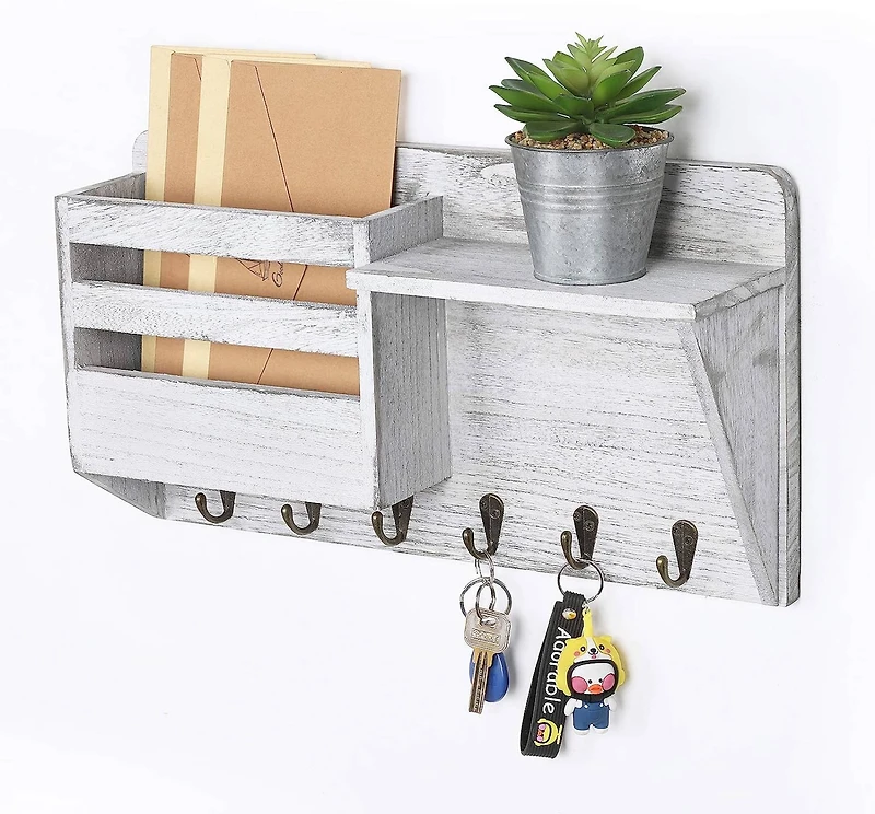 NEX™ Wall-Mounted Rustic Off-White Mail Shelf with 6 Double Key Hooks