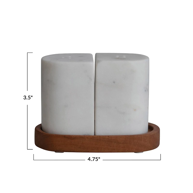 Hello Honey® Minimalist Marble Salt & Pepper Shakers on Wood Tray