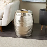 19" Silver Metal Handmade Hammered Drum Accent Table with Hammered Design