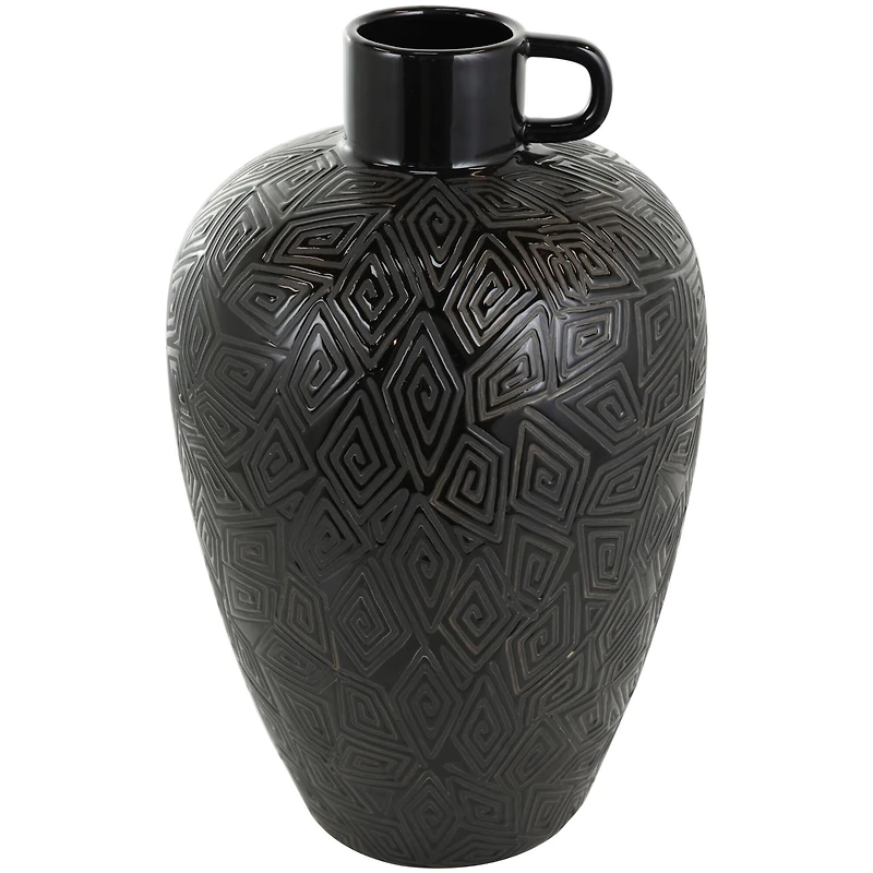 19" Black Ceramic Vase with Geometric Etchings