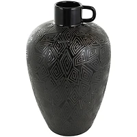 19" Black Ceramic Vase with Geometric Etchings