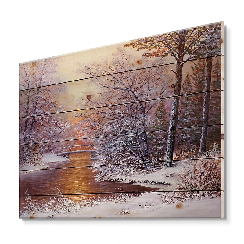Designart Christmas Forest with River & Trees II Print on Natural Pine Wood