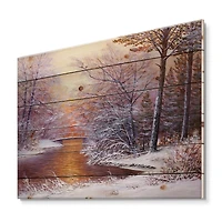 Designart Christmas Forest with River & Trees II Print on Natural Pine Wood