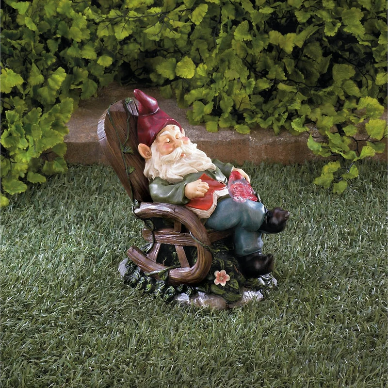 9" Solar Red Bird & Gnome Rocking Chair Statue