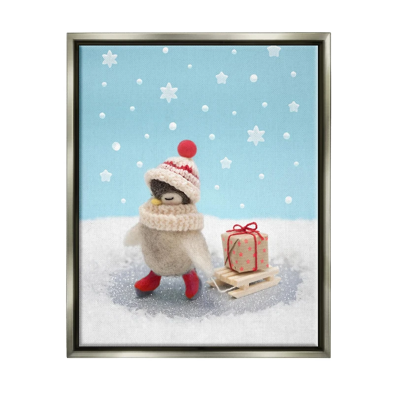 Stupell Industries Penguin Christmas Present Sled Framed Floater Canvas Wall Art
