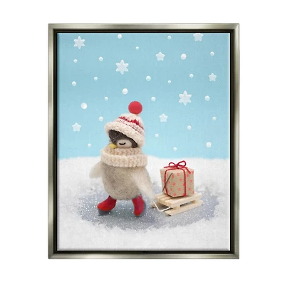 Stupell Industries Penguin Christmas Present Sled Framed Floater Canvas Wall Art