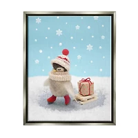 Stupell Industries Penguin Christmas Present Sled Framed Floater Canvas Wall Art