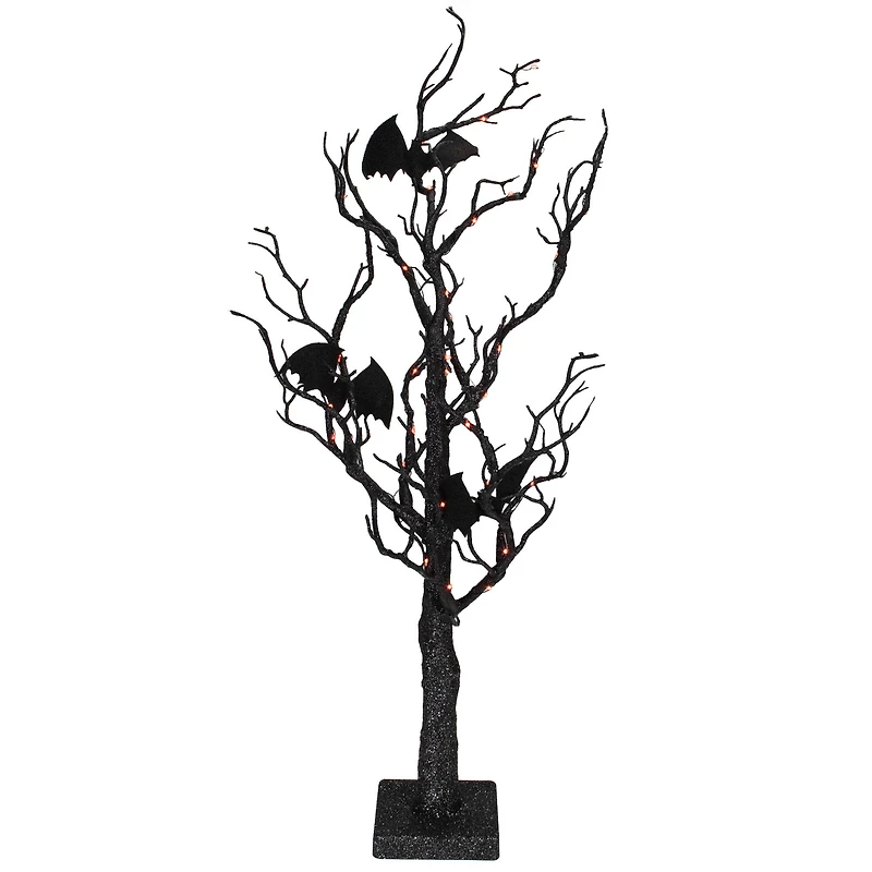 26.5" Black & Orange Glittered LED Tabletop Halloween Tree