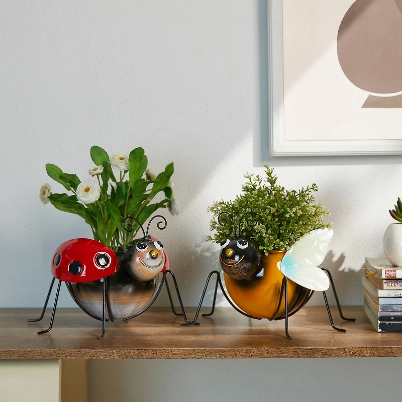 Glitzhome® 10" Bee & Ladybug Metal Statue Planter Set