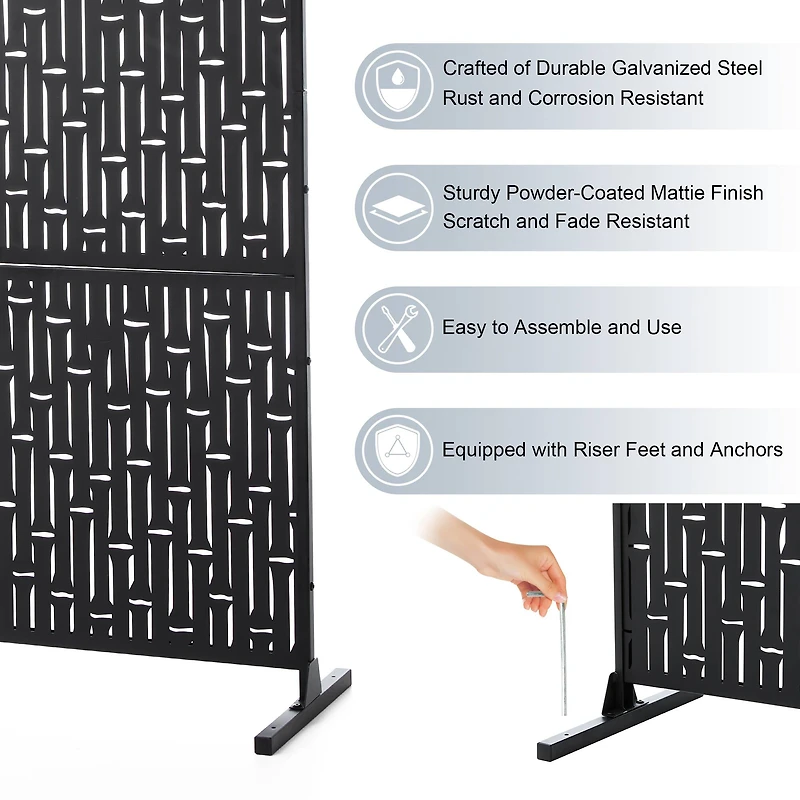 Glitzhome® 6ft. Black Galvanized Steel Bamboo Pattern Privacy Screen Fence Panel & Room Divider