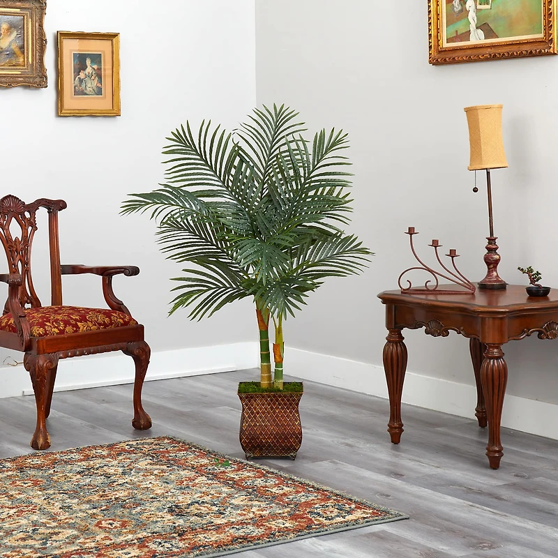 4ft. Golden Cane Palm Tree in Decorative Metal Planter