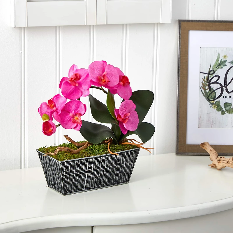 13" Phalaenopsis Orchid Artificial Arrangement in Embossed Tin Vase