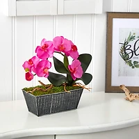 13" Phalaenopsis Orchid Artificial Arrangement in Embossed Tin Vase