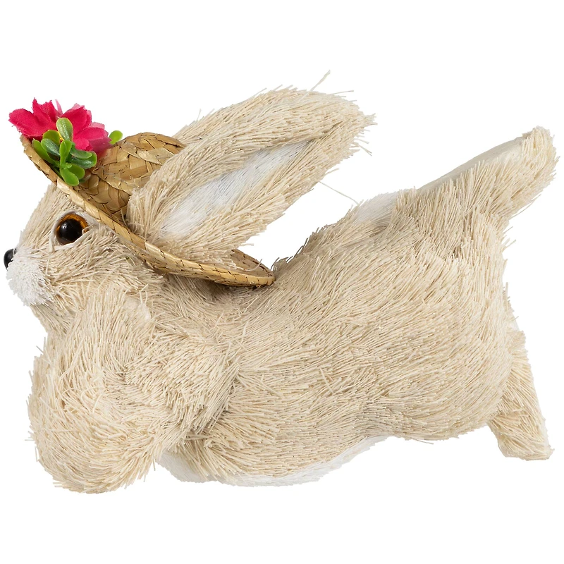 8.75" Beige Rabbit with Floral Straw Hat Easter Figurine