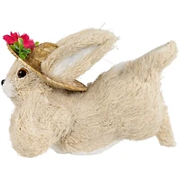 8.75" Beige Rabbit with Floral Straw Hat Easter Figurine