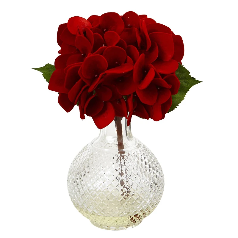 12" Red Hydrangea Arrangement with Glass Vase, 3ct.