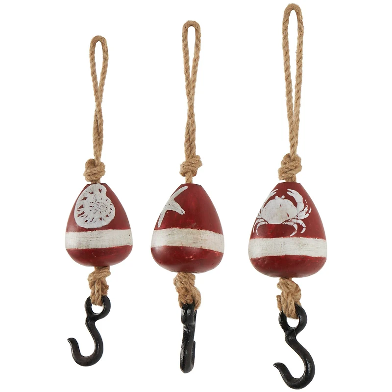 Red Wood Buoy Wall Hook with Jute Rope and Metal Hook Set
