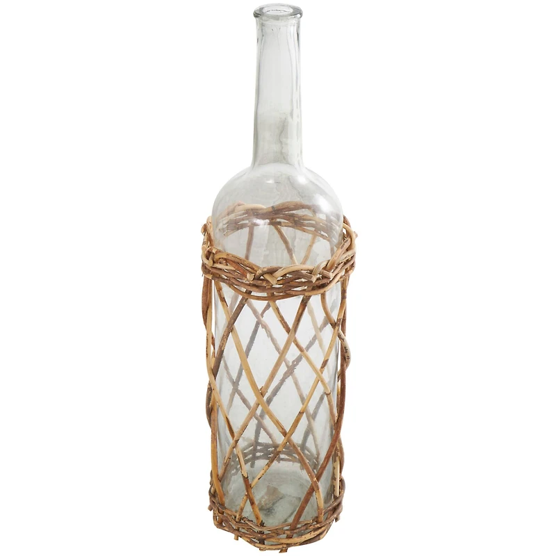 27" Clear Glass Handmade Tall Vase with Brown Rattan Woven Lower Body