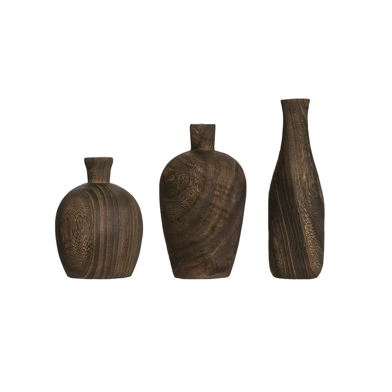 Hello Honey® Brown Paulownia Wood Vase with Black Charred Finish Set