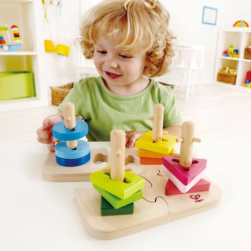Hape Wooden Toddler Stacking Shape Peg Puzzle