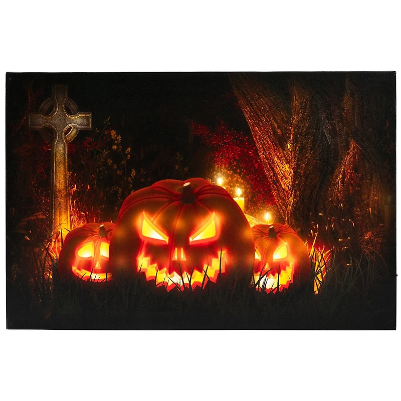 LED Lighted Jack-O-Lanterns in a Cemetery Halloween Canvas Wall Art