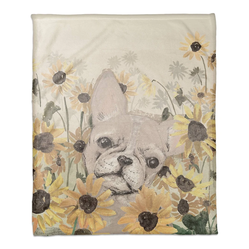 50" x 60" Frenchie Sunflower Field Coral Fleece Blanket