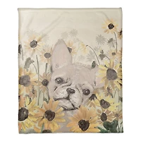 50" x 60" Frenchie Sunflower Field Coral Fleece Blanket