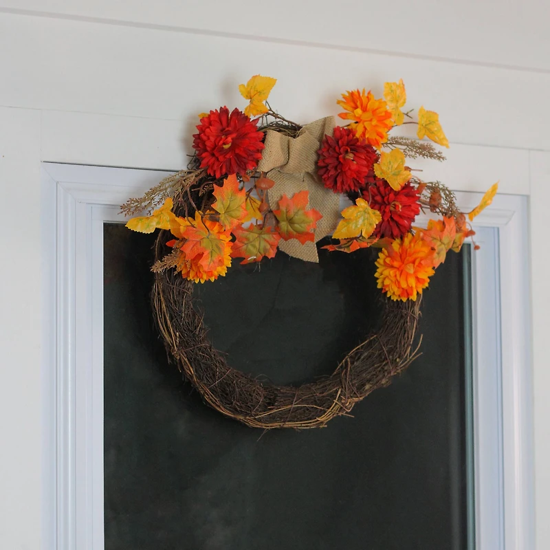 20" Autumn Harvest Mixed Leaf & Mum Flower Twig Wreath, Unlit