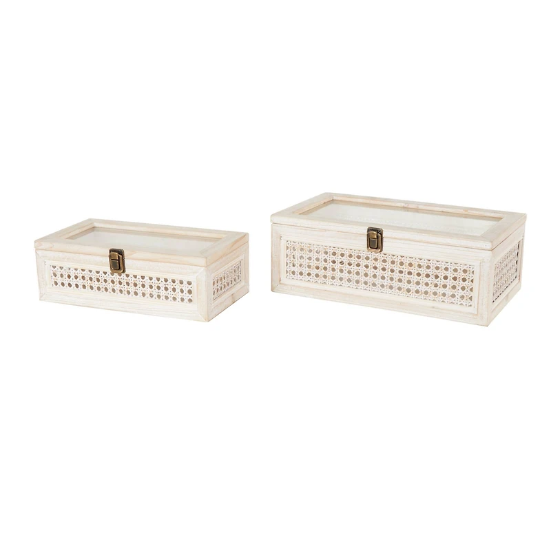 Cream Metal Handmade Woven Storage Box with Bronze Latches & Tempered Glass Tops Set