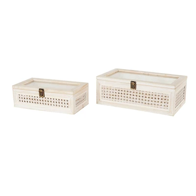 Cream Metal Handmade Woven Storage Box with Bronze Latches & Tempered Glass Tops Set