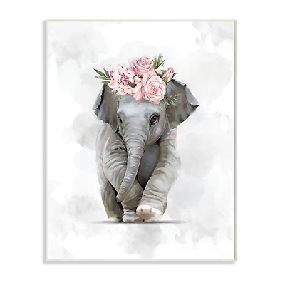 Stupell Industries Adorable Baby Elephant Eye-Catching Pink Flower Crown Wall Plaque