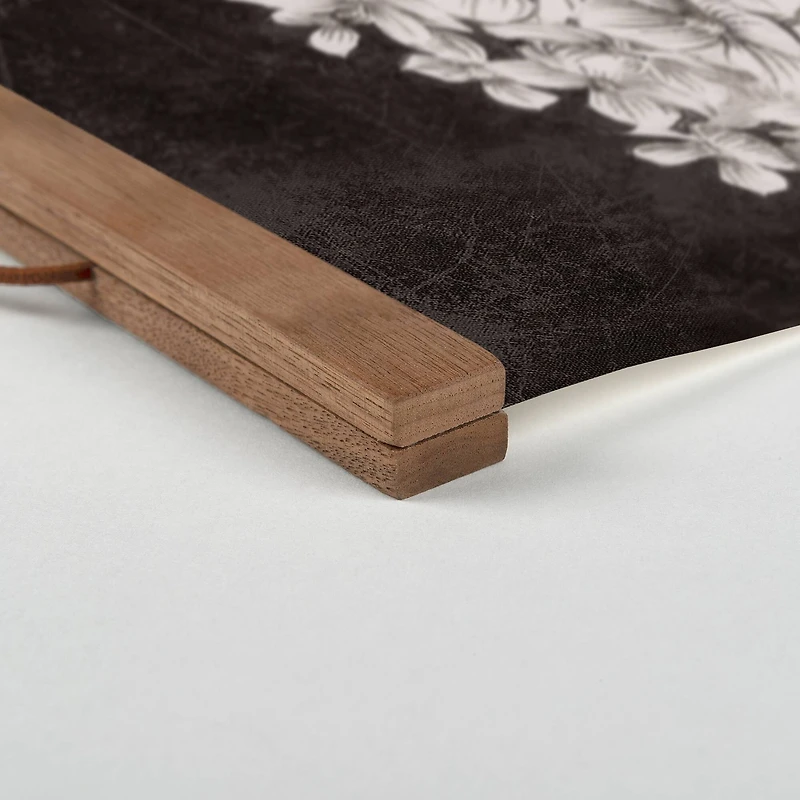 White Sketched Hydrangeas Teak Hanging Canvas