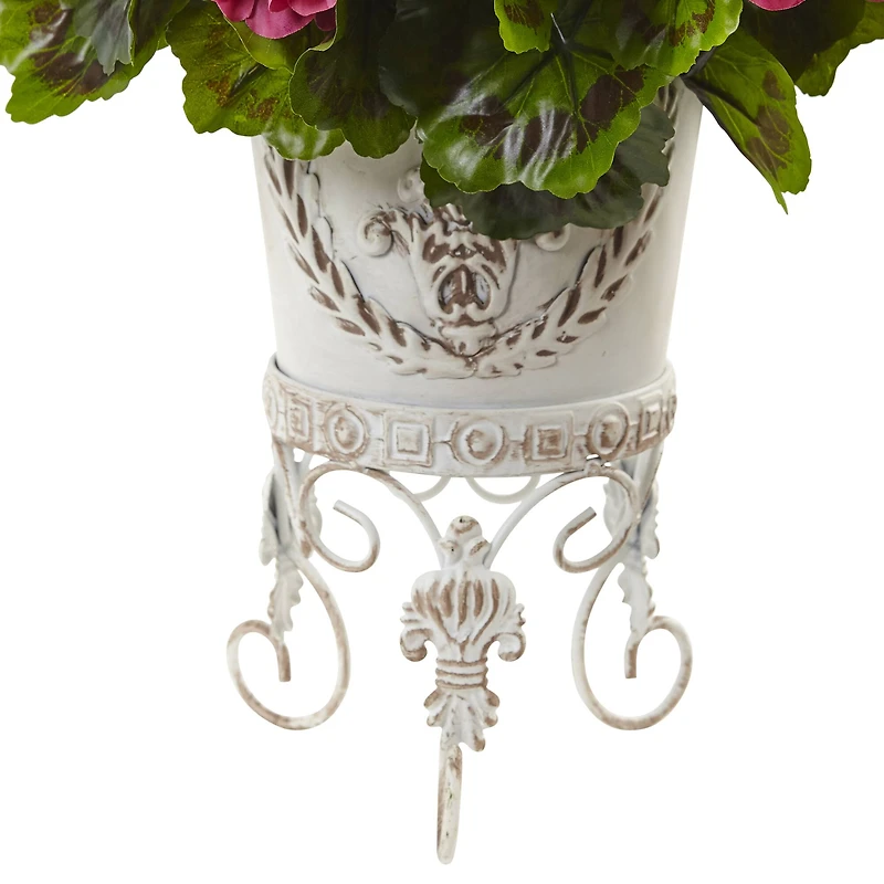 18.5" Yellow, Red & Pink UV Resistant Geranium Arrangement with White Metal Planter