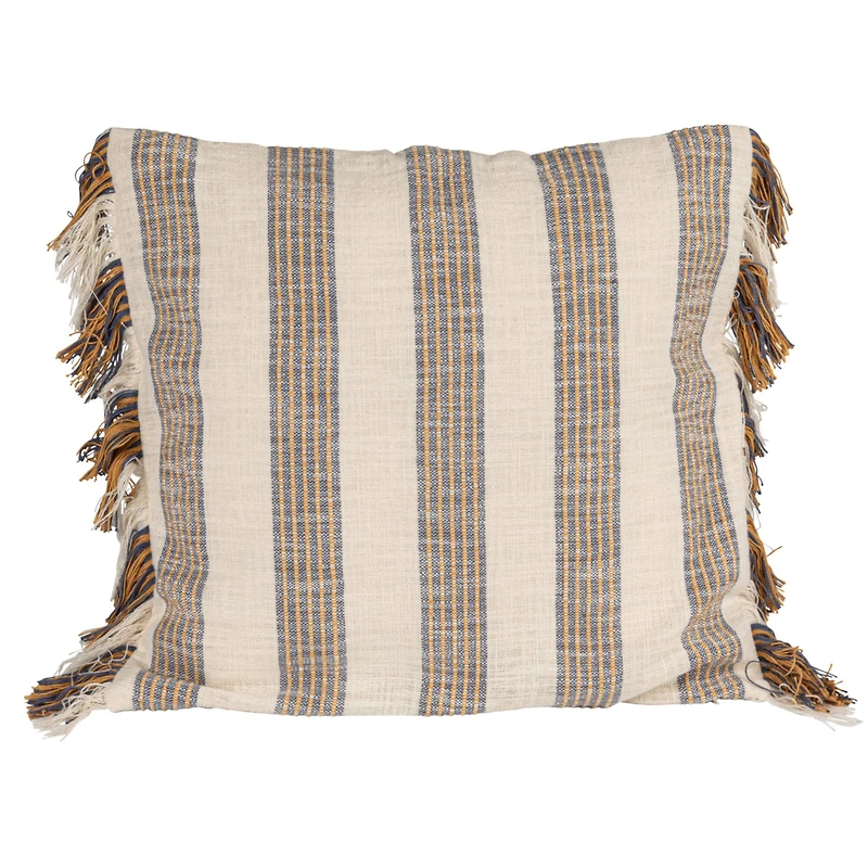 Hello Honey® Blue & Yellow Stripes on Cream Cotton Throw Pillow with Fringe