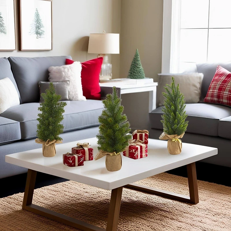 3 Pack 15" Unlit Mini Cypress & Pine Artificial Christmas Trees with Burlap Base