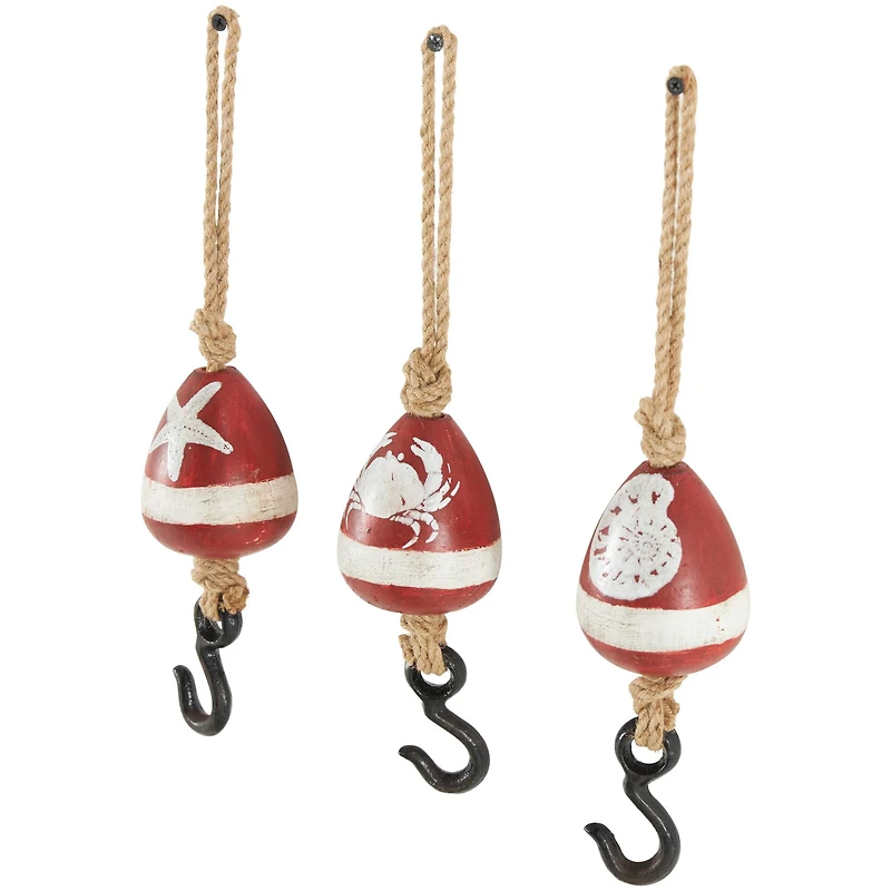 Red Wood Buoy Wall Hook with Jute Rope and Metal Hook Set