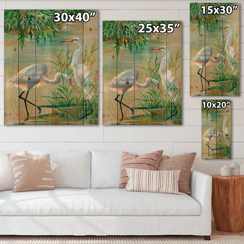 Designart - Heron Birds I - Traditional Print on Natural Pine Wood