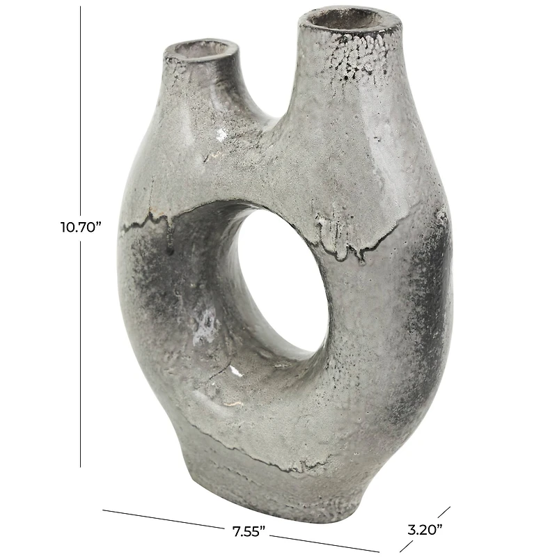 Gray Paper Mache Abstract Circular Vase with Dual Openings