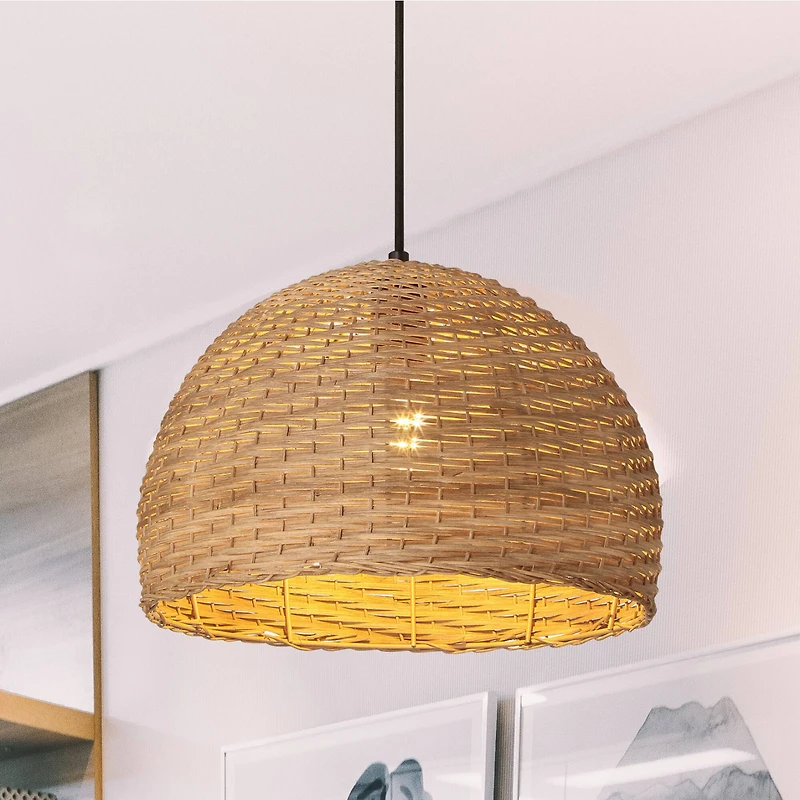 Hello Honey® Calypso Stained Natural Metal & Handwoven Wicker Dome Ceiling Light