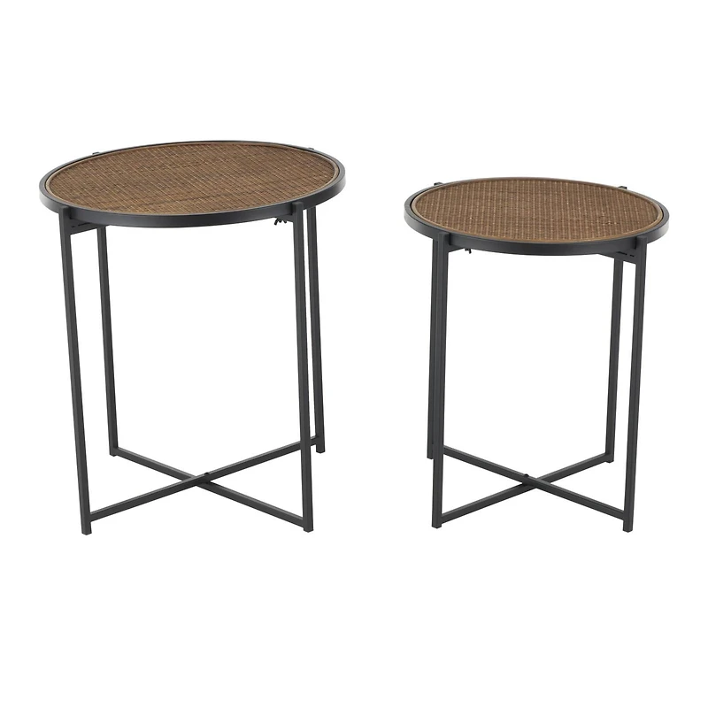Black Metal & Woven Rattan Accent Table Set