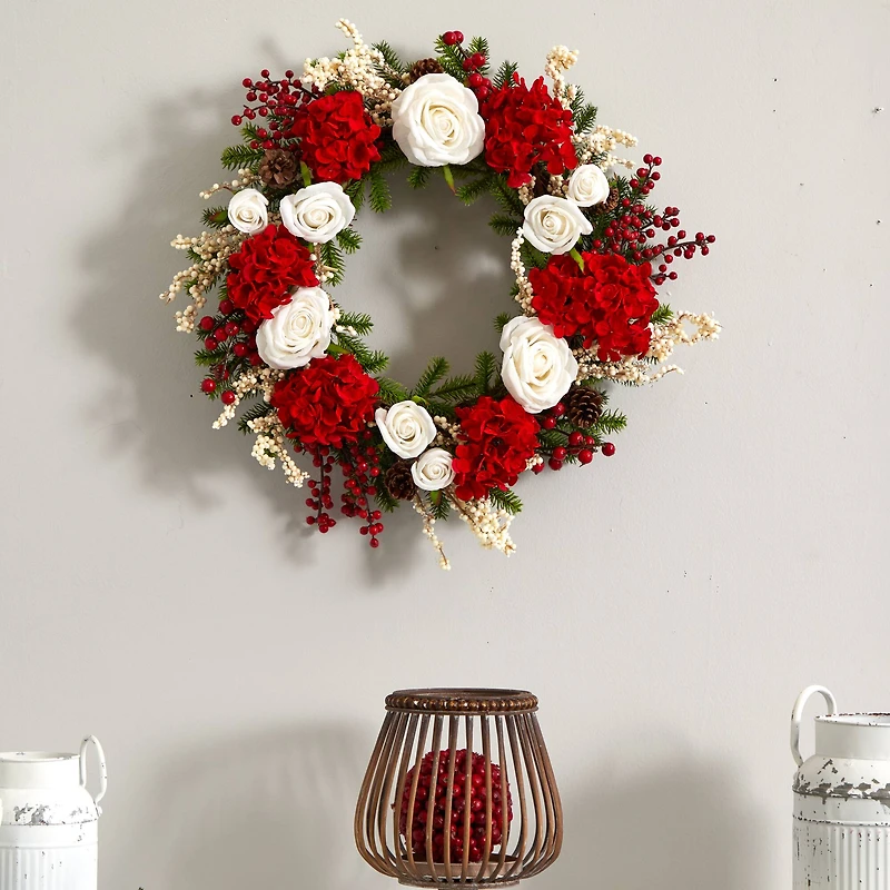 24" Red Hydrangea with White Roses Wreath