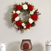24" Red Hydrangea with White Roses Wreath