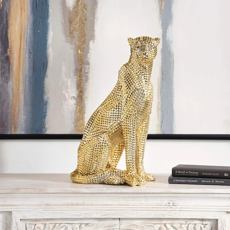 20.75" Golden Sitting Leopard Floor Sculpture with Diamond Faceted Texture
